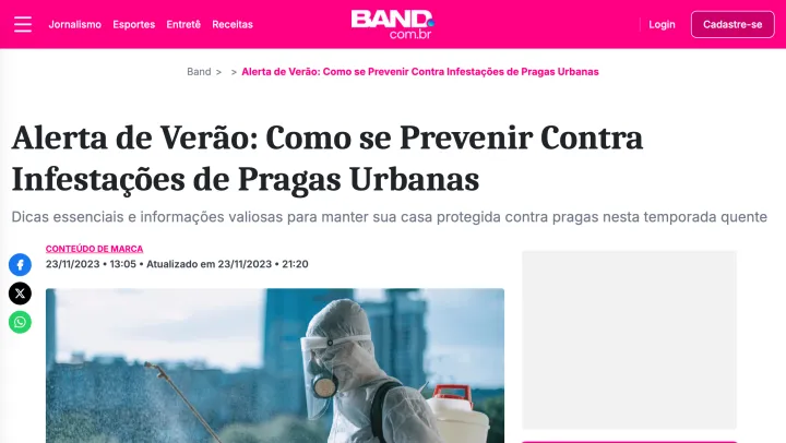 Matéria da Band Vale: Alerta de Verão — como se prevenir contra infestações de pragas urbanas